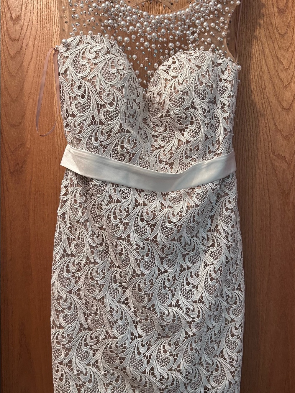 Dave & Johnny Ivory Lace Strapless Sheath Dress with Pearl Embellished Illusion
